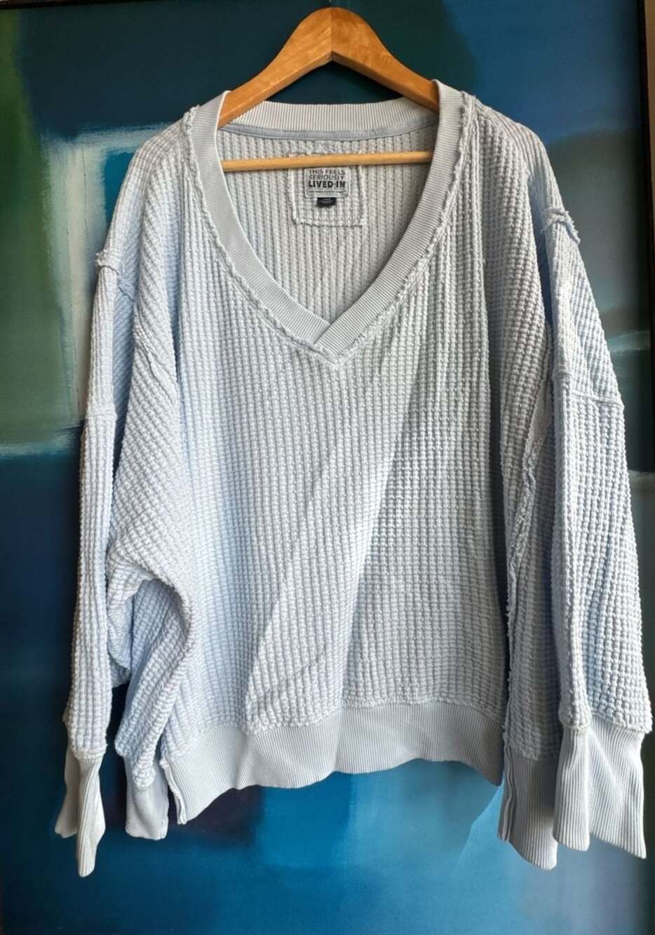 American Eagle Baby Blue This Feels Seriously Lived-In Size L Waffle Sweatshirt